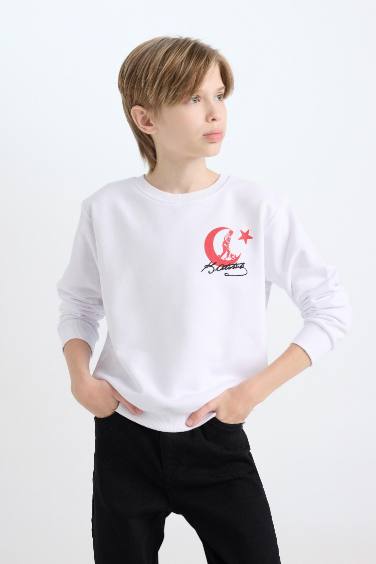 Beyaz Bisiklet Yaka Atatürk Baskılı Nakışlı Sweatshirt Erkek Çocuk
