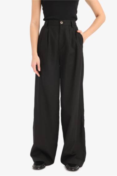 Широкие брюки из смесового льна с высокой посадкой и тремя карманами