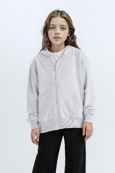 Oversize Geniş Kalıp Kapüşonlu Basic Düz Fermuarlı Sweatshirt Kız Çocuk