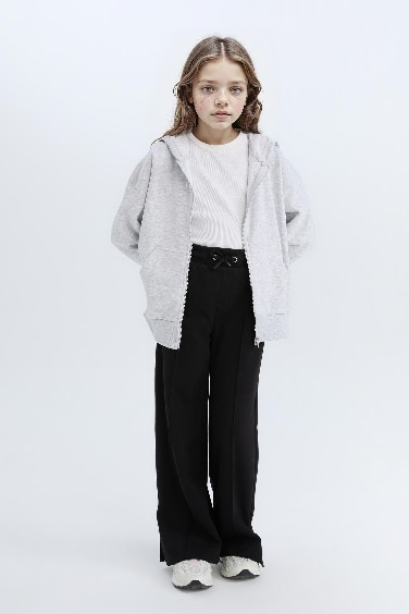 Oversize Geniş Kalıp Kapüşonlu Basic Düz Fermuarlı Sweatshirt Kız Çocuk