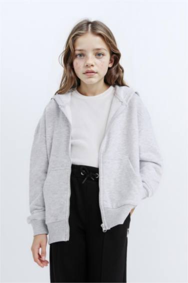 Oversize Geniş Kalıp Kapüşonlu Basic Düz Fermuarlı Sweatshirt Kız Çocuk