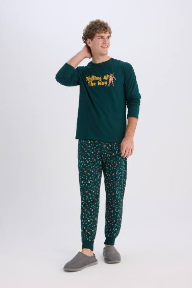 Yılbaşı Temalı Pijama Takımı Bisiklet Yaka Baskılı Uzun Kollu Üst Uzun Alt