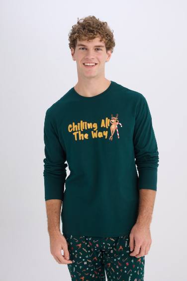 Yılbaşı Temalı Pijama Takımı Bisiklet Yaka Baskılı Uzun Kollu Üst Uzun Alt