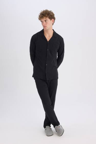 Regular Fit Pijama Takımı Uzun Kollu Basic Düz Üst Uzun Alt