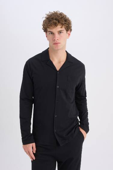 Regular Fit Pijama Takımı Uzun Kollu Basic Düz Üst Uzun Alt