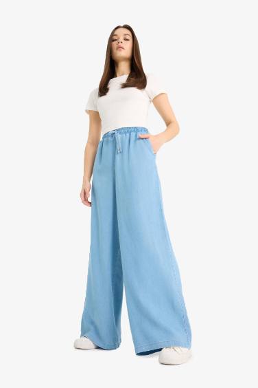 Yüksek Bel Uzun Tensel Yıkamalı Pantolon