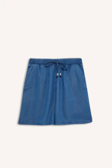 Yüksek Beli Lastikli Cepli Akışkan Kumaş Şort - Görsel 7