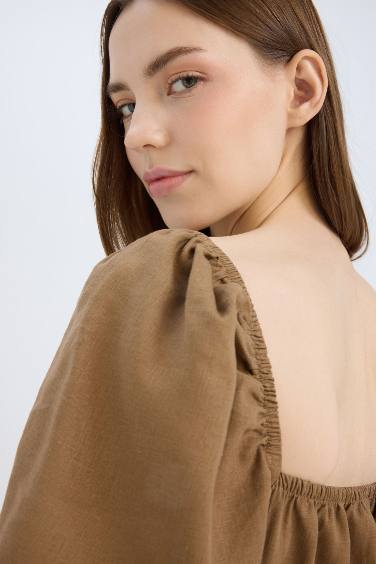 Square Collar Linen Blended Mini Dress