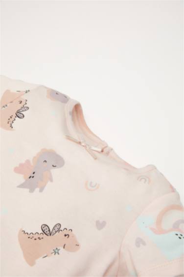 Pijama Takımı Dinozor Baskılı Kısa Kollu Penye Üst Beli Lastikli Şort Kız Bebek