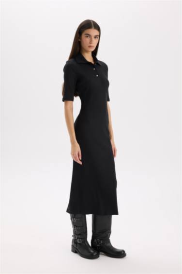 فستان ميدي سليم فيت كم طويل مضلع بوديكون بياقة بولو