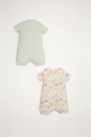 Desenli Penye 2'li Kısa Kollu Tulum Kız Bebek Yenidoğan