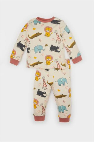 Erkek Bebek Pijama Takımı Safari Baskılı Uzun Kollu Üst Beli Lastikli Uzun Alt