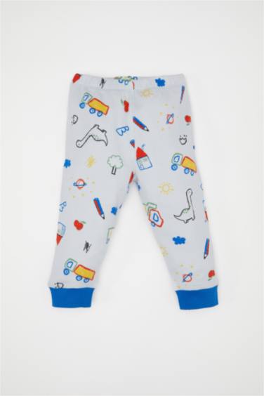 Pijama Takımı Dinozor Baskılı Uzun Kollu Fitilli Kaşkorse Üst Beli Lastikli Uzun Alt Erkek Bebek
