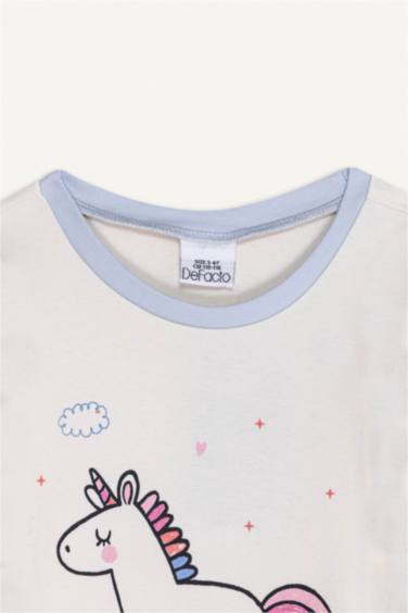 طقم بيجاما بيبي بناتي أزرق قصة عادية بطبعة يونيكورن - قطعتين