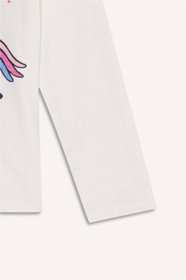 طقم بيجاما بيبي بناتي أزرق قصة عادية بطبعة يونيكورن - قطعتين