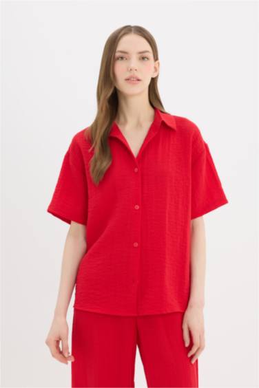 Oversize Fit Shirt Collar Linen Look Short Sleeve Shirt