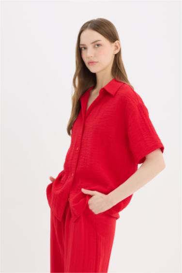 Oversize Fit Shirt Collar Linen Look Short Sleeve Shirt
