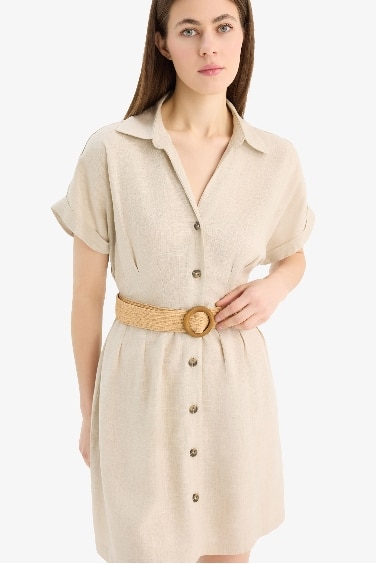 Shirt Collar Belted Linen Blend Mini Dress