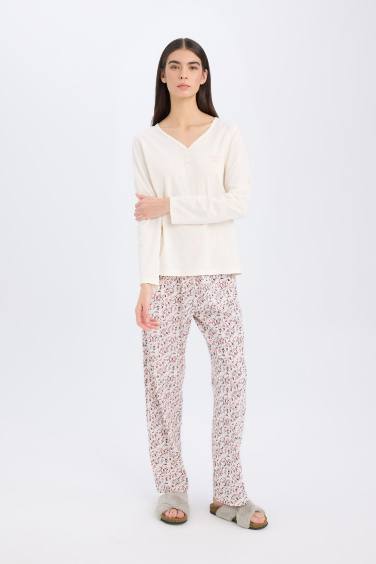 طقم بيجاما محبوك قصة عادية كم طويل - قطعتين