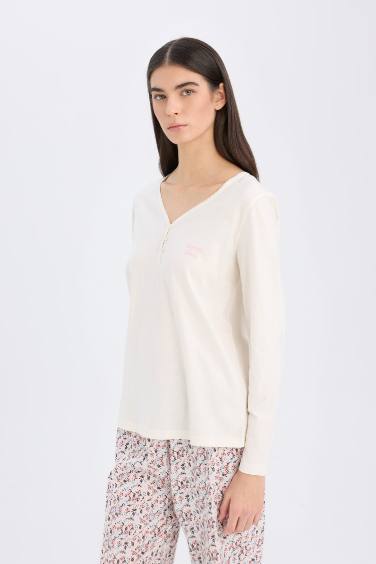 طقم بيجاما محبوك قصة عادية كم طويل - قطعتين