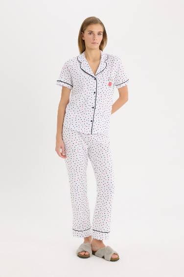 Pijama Takımı Kısa Kollu Düğmeli Üst Beli Lastikli Uzun Alt-Fall in Love