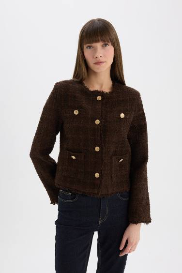 Regular Fit Bisiklet Yaka Tweed Blazer Ceket