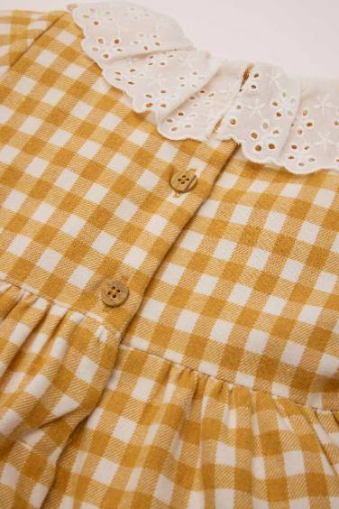 Dantel Yaka Uzun Kollu Kareli Elbise Kız Bebek