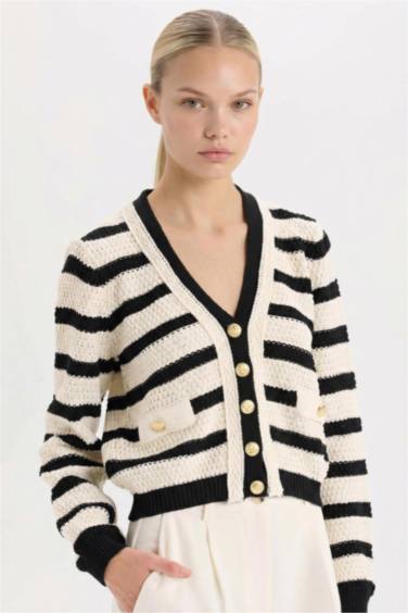 Regular Fit V Yaka Çizgili Düğmeli Triko Hırka