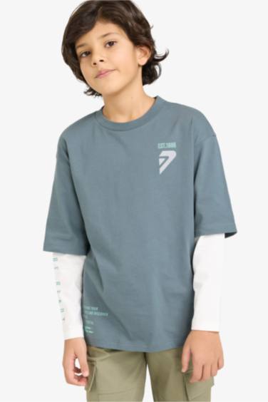 Erkek Çocuk Oversize Geniş Kalıp Bisiklet Yaka Baskılı Uzun Kollu Tişört