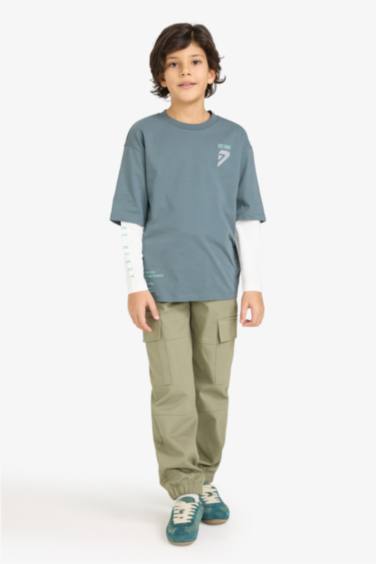 Erkek Çocuk Oversize Geniş Kalıp Bisiklet Yaka Baskılı Uzun Kollu Tişört