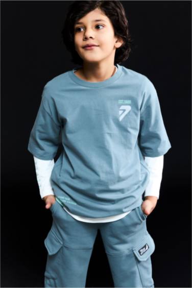 Oversize Geniş Kalıp Bisiklet Yaka Baskılı Uzun Kollu Tişört Erkek Çocuk