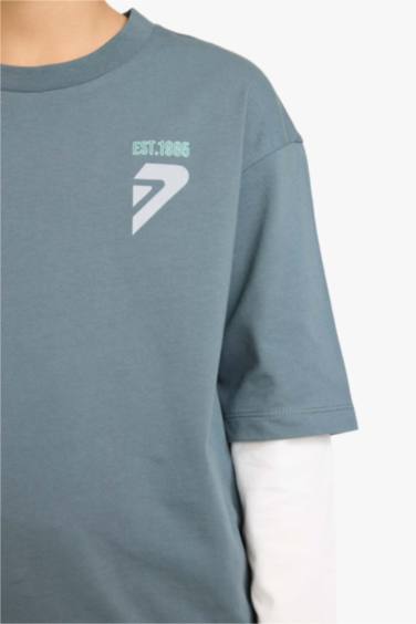 Erkek Çocuk Oversize Geniş Kalıp Bisiklet Yaka Baskılı Uzun Kollu Tişört