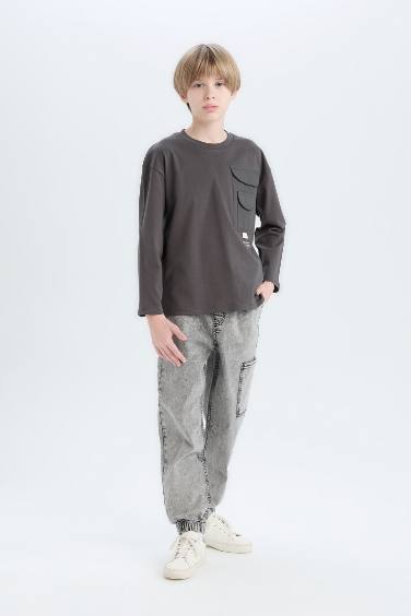 Erkek Çocuk Oversize Geniş Kalıp Bisiklet Yaka Baskılı Uzun Kollu Tişört