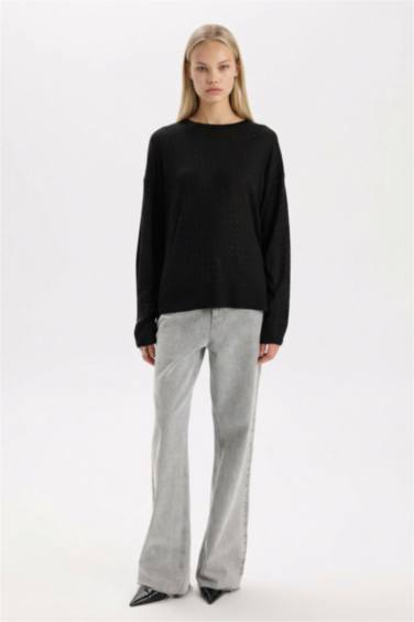 بلوز تريكو سادة قصة مريحة بياخة مستديرة