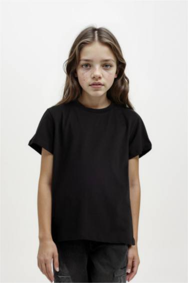 Kız Çocuk Bisiklet Yaka Basic Düz Kısa Kollu Tişört