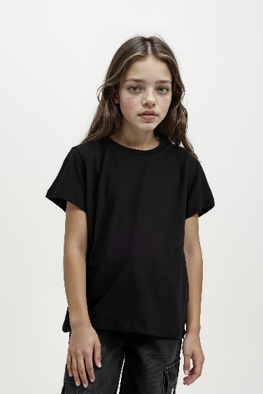 Kız Çocuk Bisiklet Yaka Basic Düz Kısa Kollu Tişört