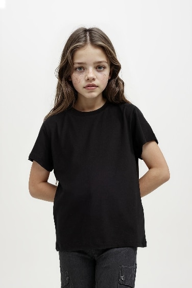 Kız Çocuk Bisiklet Yaka Basic Düz Kısa Kollu Tişört