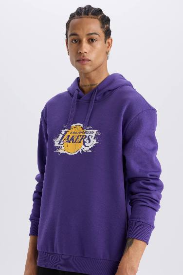 DeFactoFit NBA Los Angeles Lakers Standart Fit Kapüşonlu Baskılı Kalın Sporcu Sweatshirt