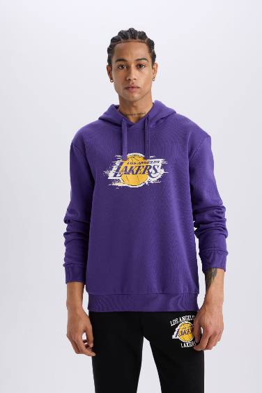 DeFactoFit NBA Los Angeles Lakers Standart Fit Kapüşonlu Baskılı Kalın Sweatshirt