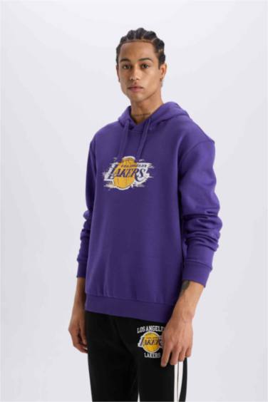 DeFactoFit NBA Los Angeles Lakers Standart Fit Kapüşonlu Baskılı Kalın Sweatshirt