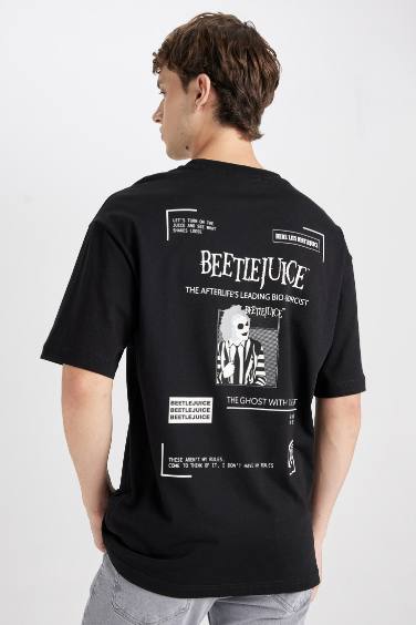 Beetlejuice Black Boxy Fit Crew Neck Back Printed Cotton T-Shirt