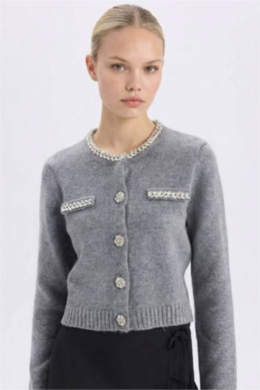 Regular Fit Bisiklet Yaka Taşlı Düğmeli Triko Hırka