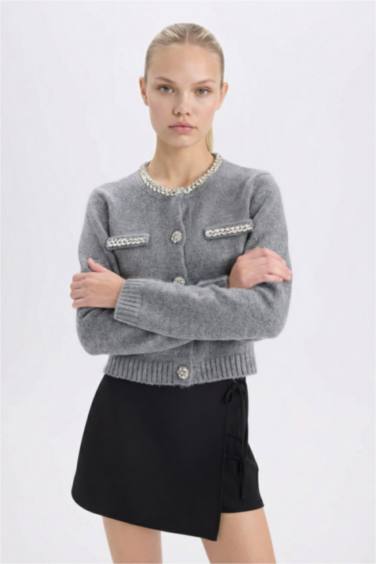 Regular Fit Bisiklet Yaka Taşlı Düğmeli Triko Hırka