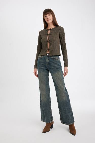 Regular Fit Front Tied Crepe Long Sleeve T-Shirt