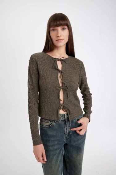 Regular Fit Front Tied Crepe Long Sleeve T-Shirt