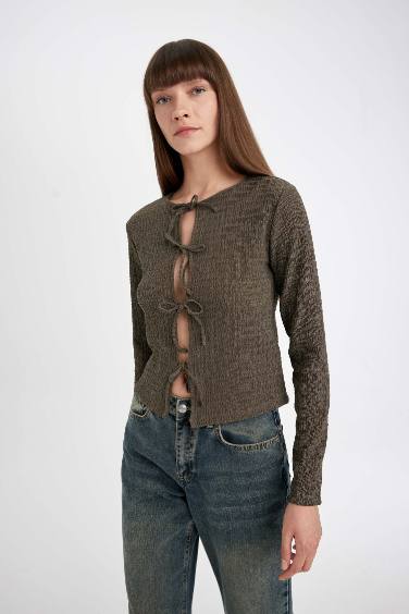 Regular Fit Front Tied Crepe Long Sleeve T-Shirt