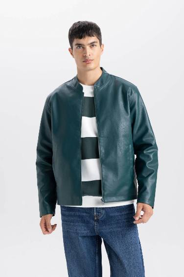 Su İtici Slim Fit Dar Kesim Dik Yaka Fermuarlı Suni Der Ceket Mont