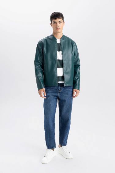 Su İtici Slim Fit Dar Kesim Dik Yaka Fermuarlı Suni Der Ceket Mont