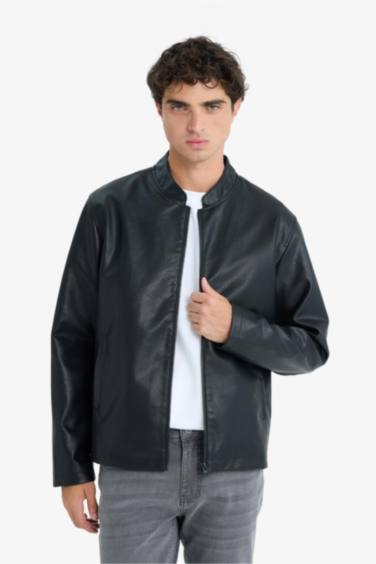 Jaket en similicuir à col montant zippée Coupe slim