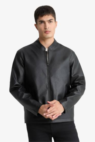 Su İtici Slim Fit Dar Kesim Dik Yaka Fermuarlı Suni Der Ceket Mont